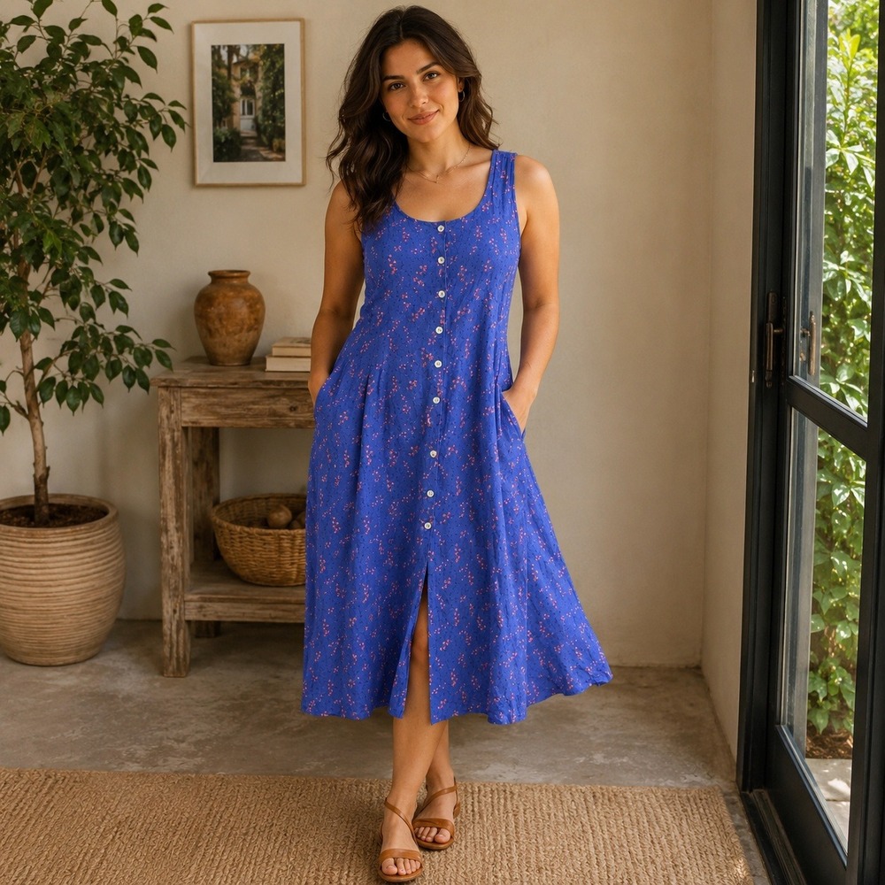 Robbie Bee Vintage Blue Floral Button Front Rayon Midi Dress Sleeveless 16